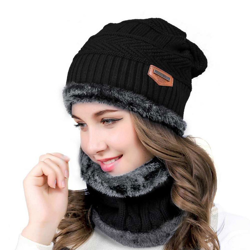Dropshipping Beanie Hat Scarf Set Neck Cover Winter Warm Fleece Knitted  Thick Ski Cap - Black - Go Dropship